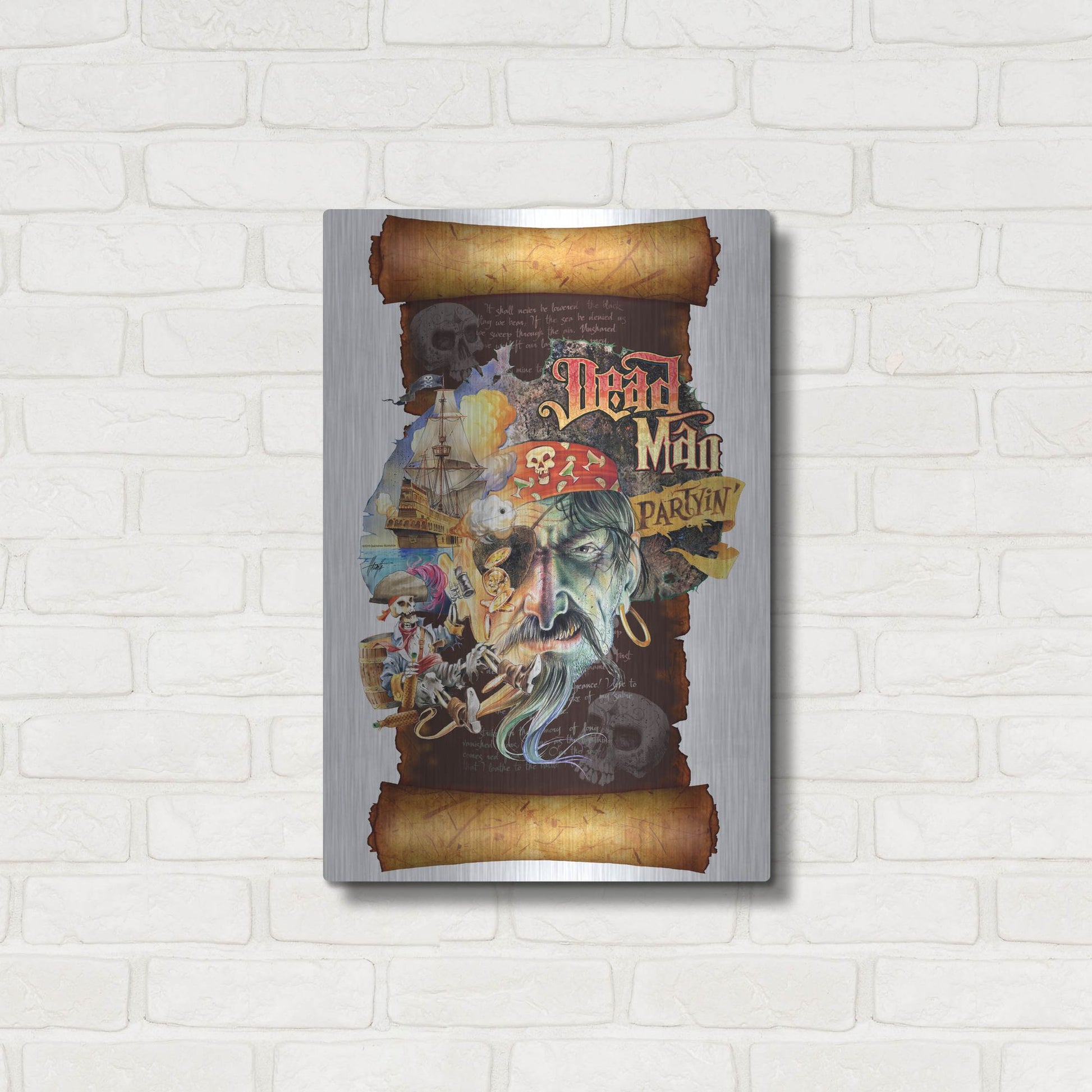 Luxe Metal Art 'Dead Man Partyin Scroll' by James Mazzotta, Metal Wall Art,16x24