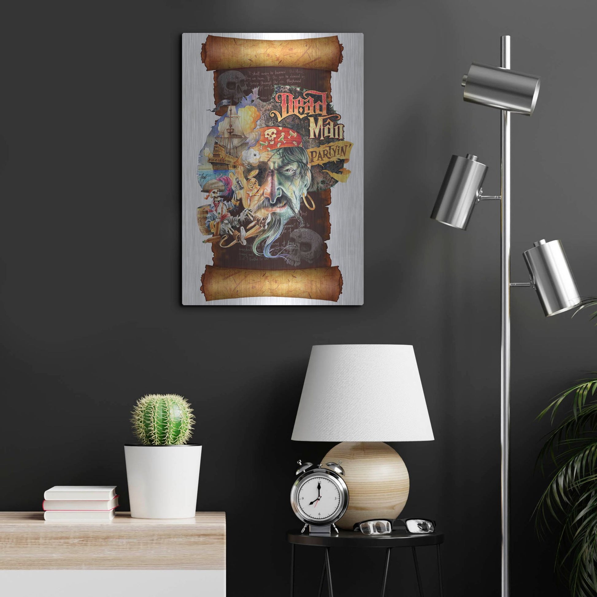 Luxe Metal Art 'Dead Man Partyin Scroll' by James Mazzotta, Metal Wall Art,16x24