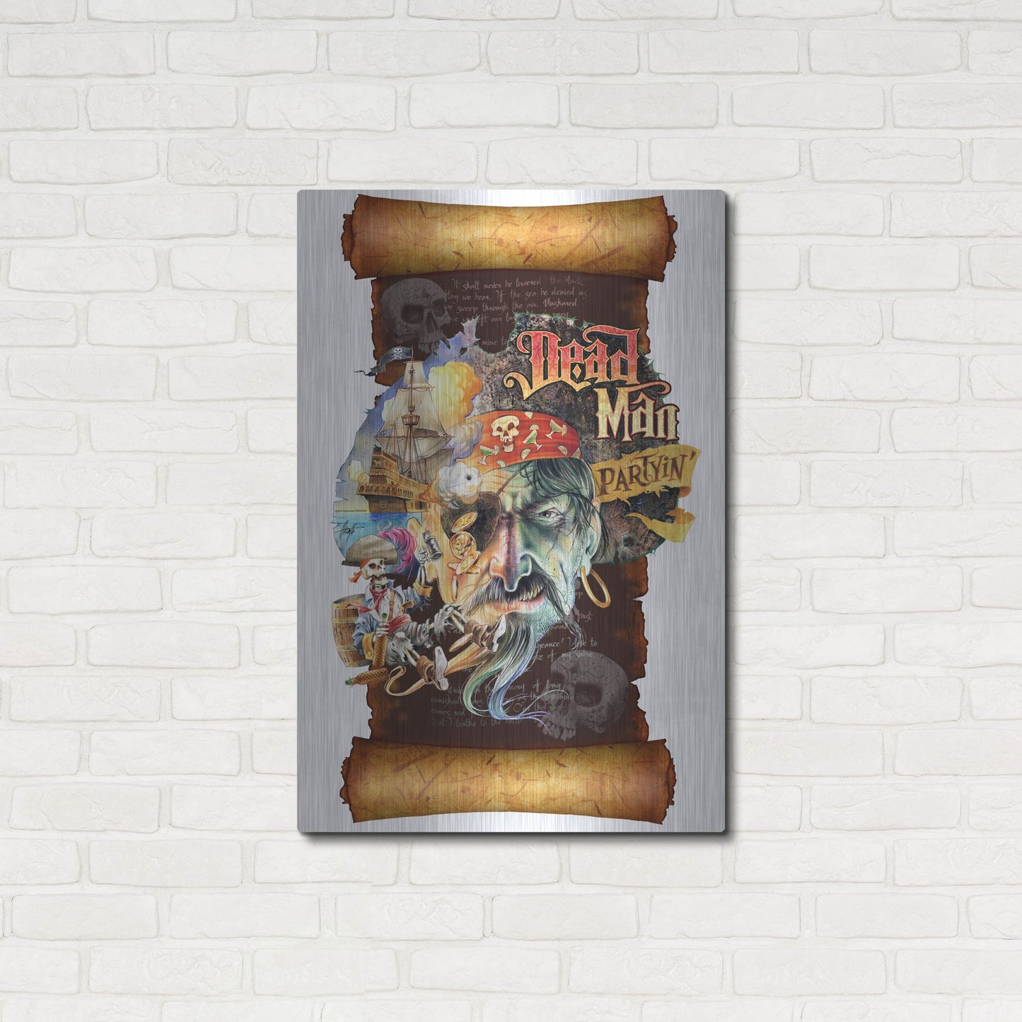 Luxe Metal Art 'Dead Man Partyin Scroll' by James Mazzotta, Metal Wall Art,24x36