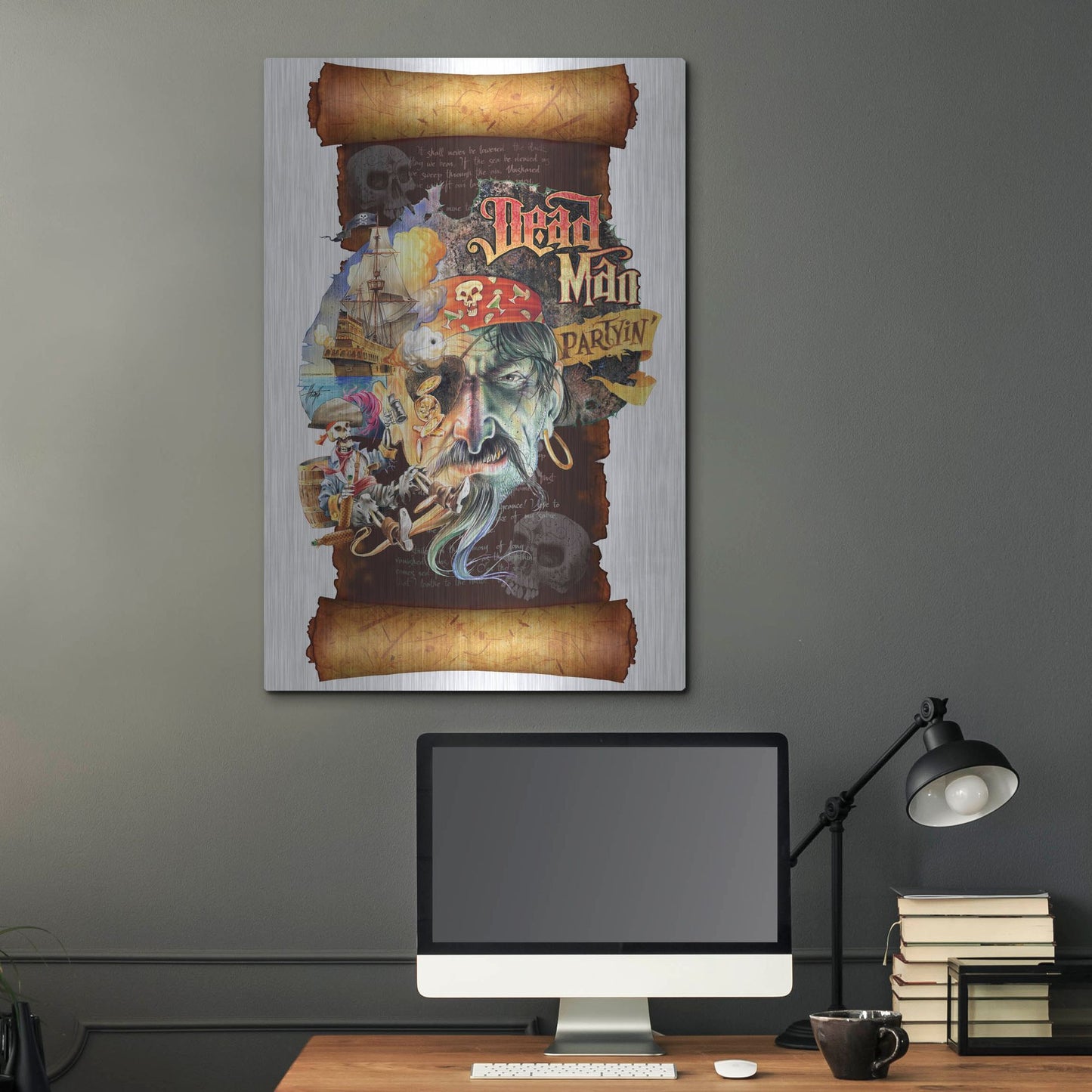 Luxe Metal Art 'Dead Man Partyin Scroll' by James Mazzotta, Metal Wall Art,24x36