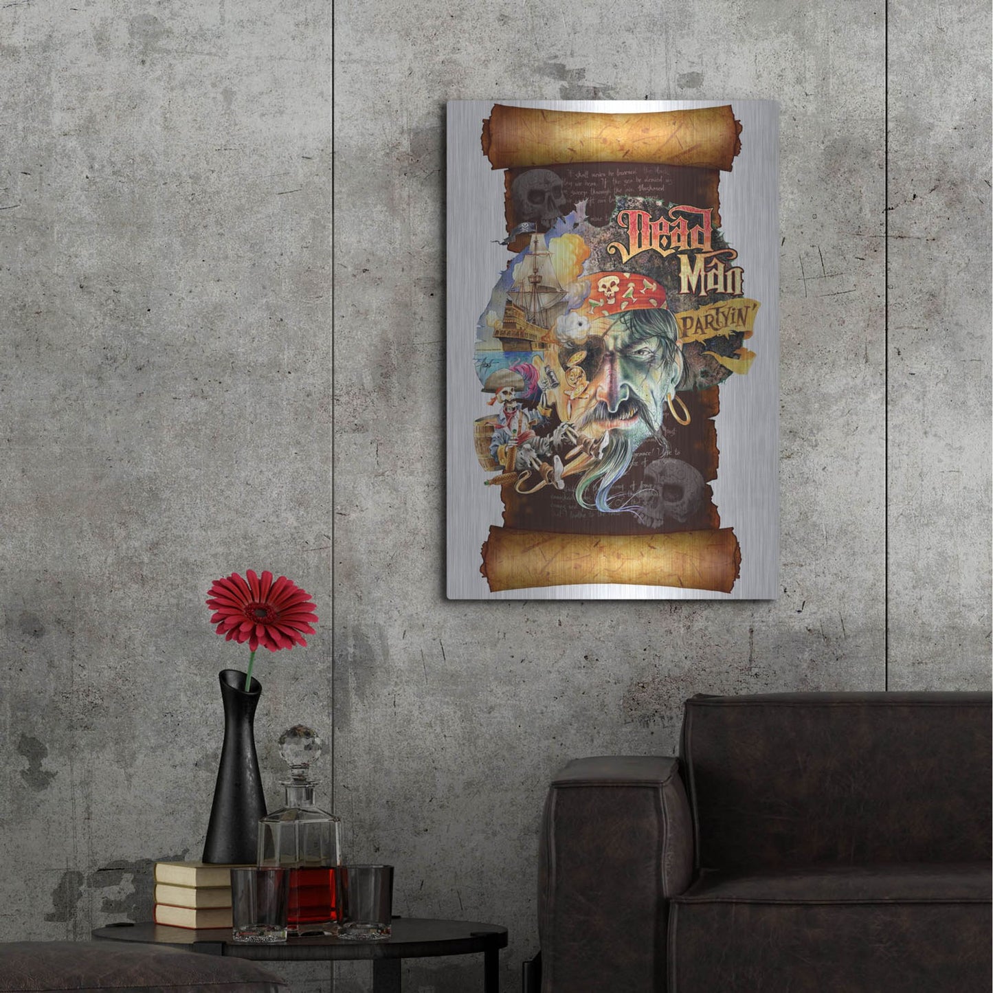 Luxe Metal Art 'Dead Man Partyin Scroll' by James Mazzotta, Metal Wall Art,24x36