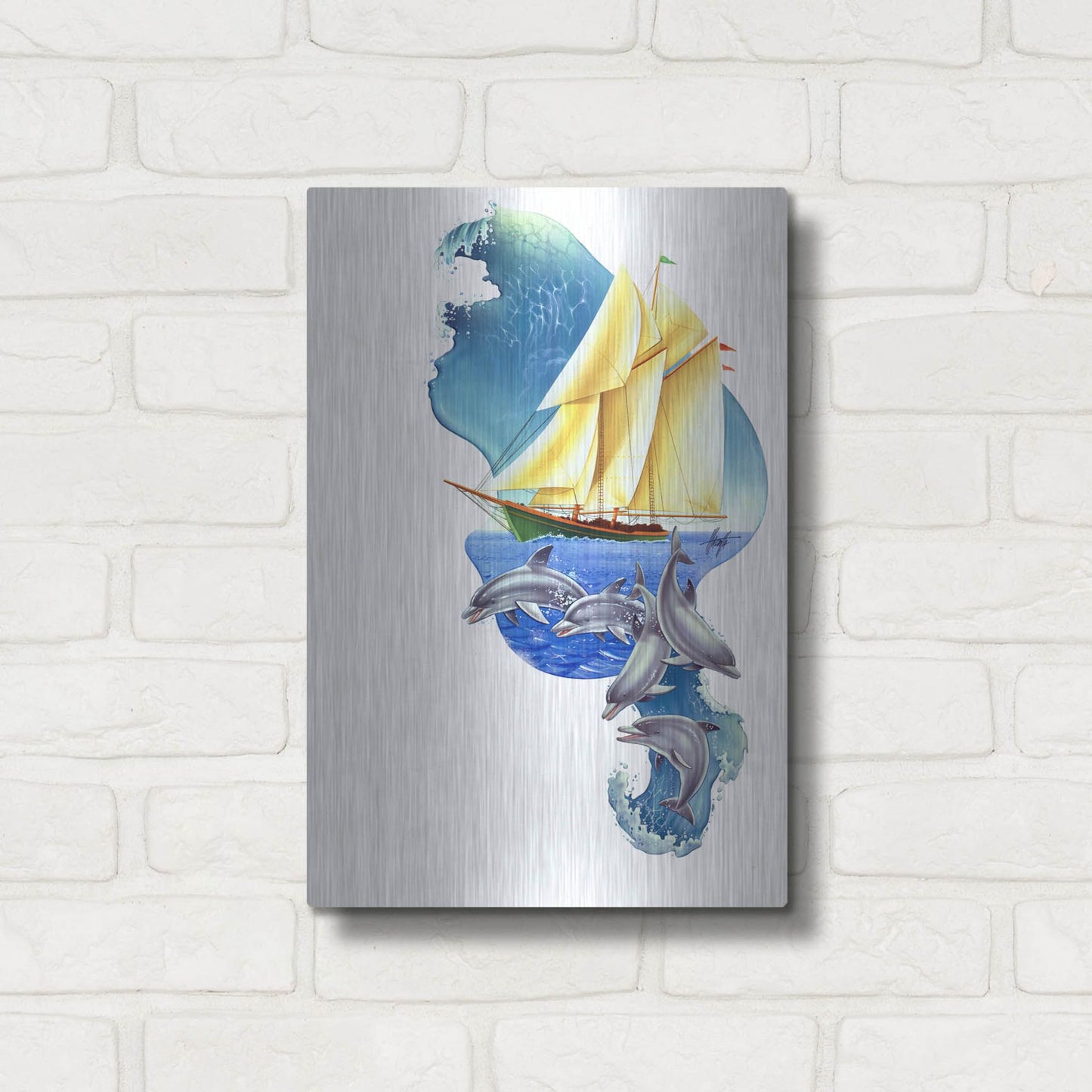 Luxe Metal Art 'Sailboat Dolphin Wave' by James Mazzotta, Metal Wall Art,12x16