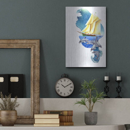 Luxe Metal Art 'Sailboat Dolphin Wave' by James Mazzotta, Metal Wall Art,12x16