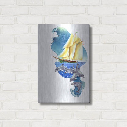 Luxe Metal Art 'Sailboat Dolphin Wave' by James Mazzotta, Metal Wall Art,16x24