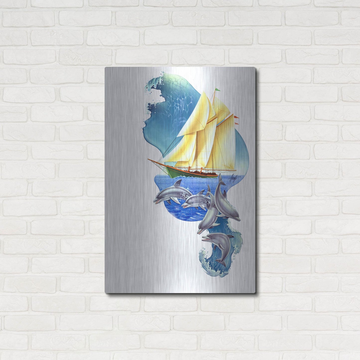 Luxe Metal Art 'Sailboat Dolphin Wave' by James Mazzotta, Metal Wall Art,24x36