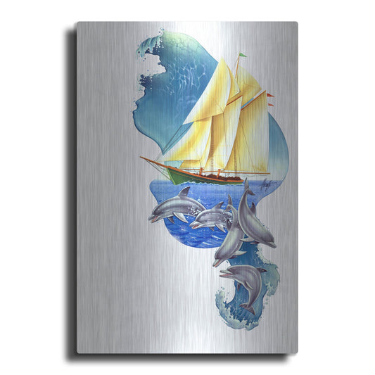 Luxe Metal Art 'Sailboat Dolphin Wave' by James Mazzotta, Metal Wall Art