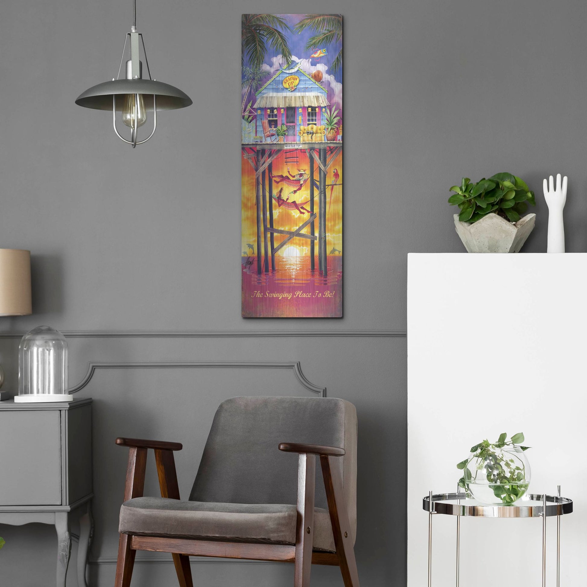 Luxe Metal Art 'Shackin Up' by James Mazzotta, Metal Wall Art,12x36