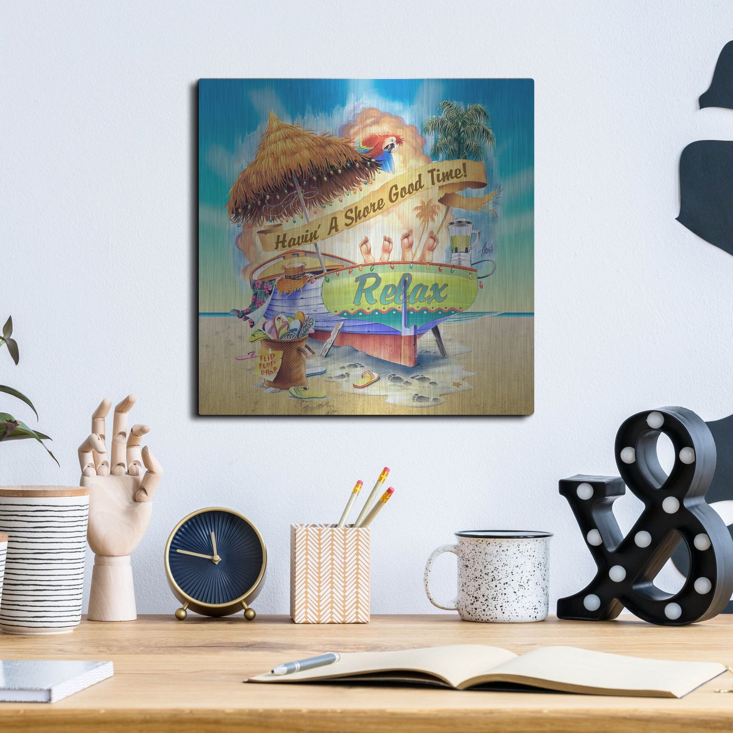 Luxe Metal Art 'Shore Good Time Boat' by James Mazzotta, Metal Wall Art,12x12