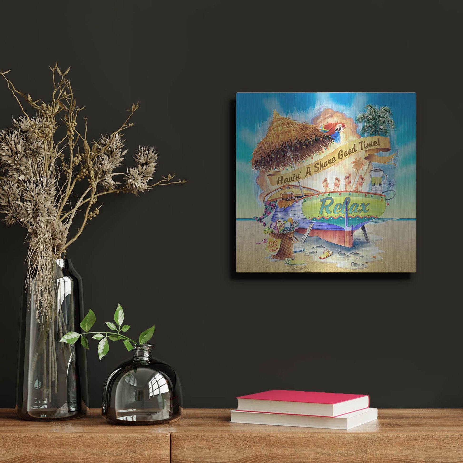 Luxe Metal Art 'Shore Good Time Boat' by James Mazzotta, Metal Wall Art,12x12