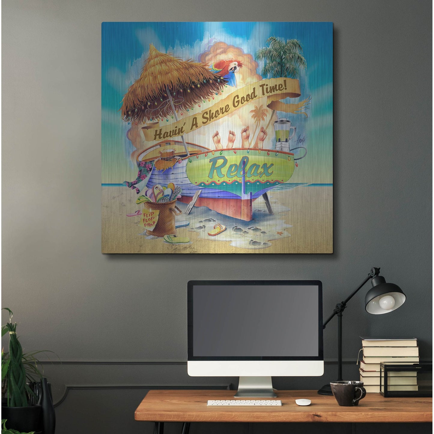 Luxe Metal Art 'Shore Good Time Boat' by James Mazzotta, Metal Wall Art,36x36