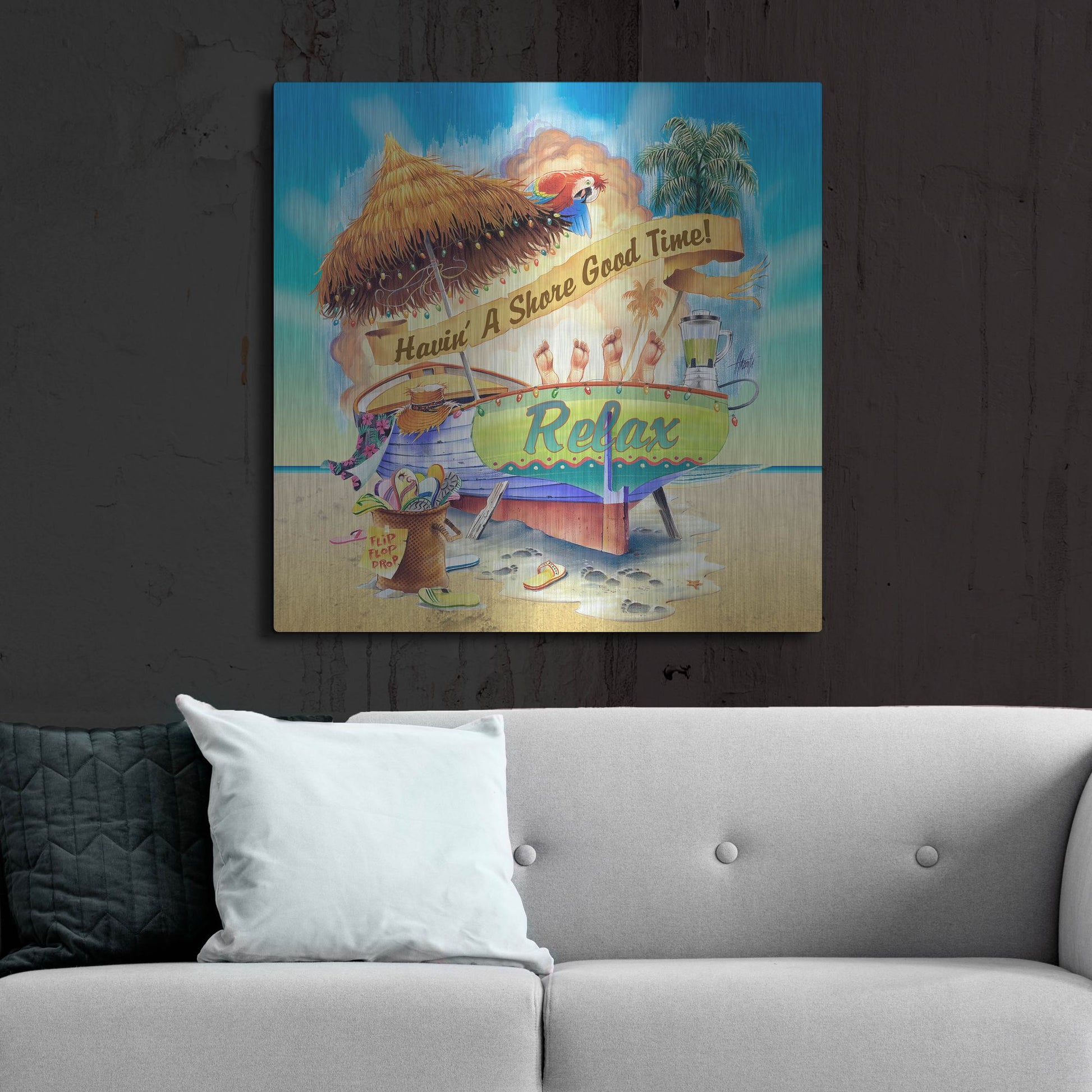 Luxe Metal Art 'Shore Good Time Boat' by James Mazzotta, Metal Wall Art,36x36