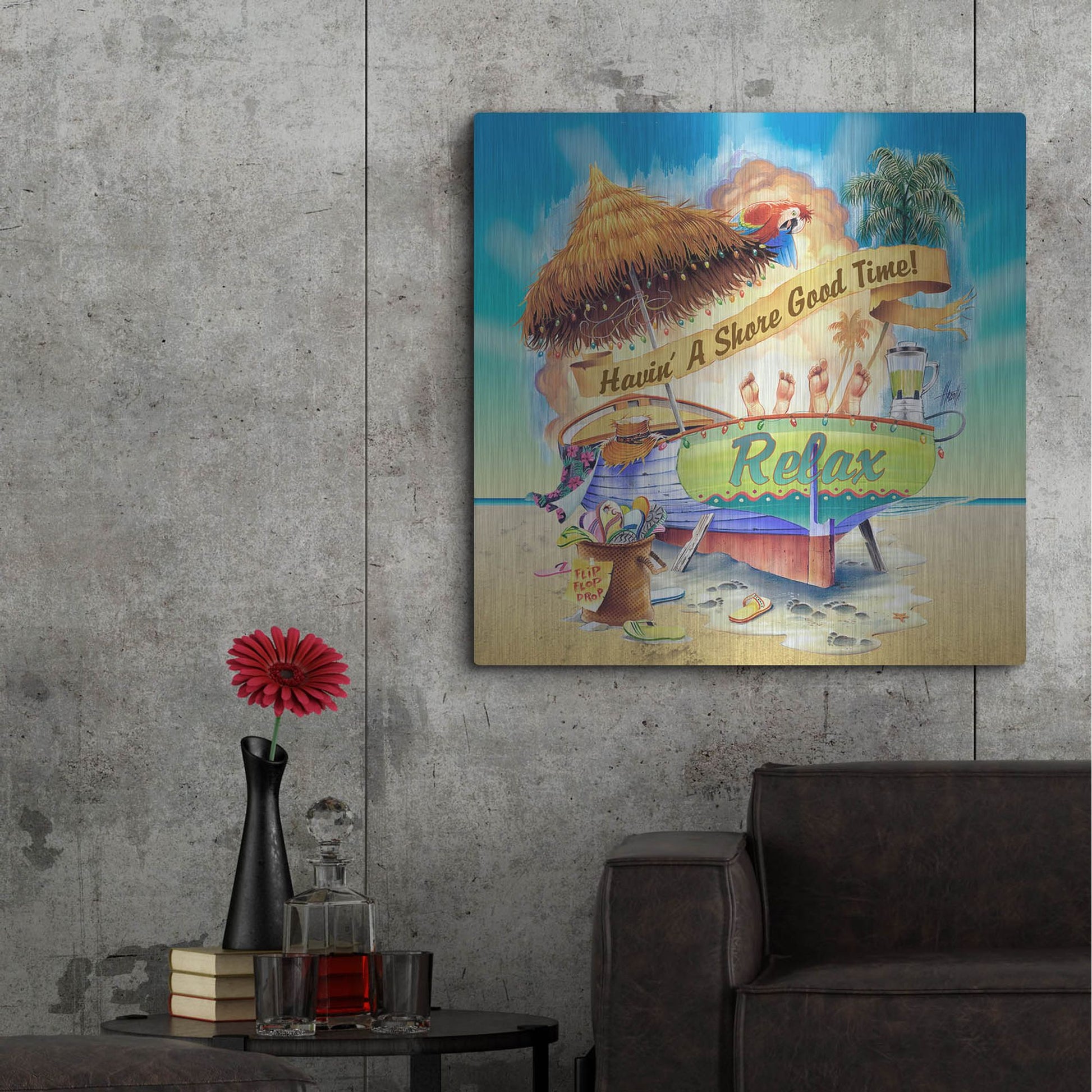 Luxe Metal Art 'Shore Good Time Boat' by James Mazzotta, Metal Wall Art,36x36