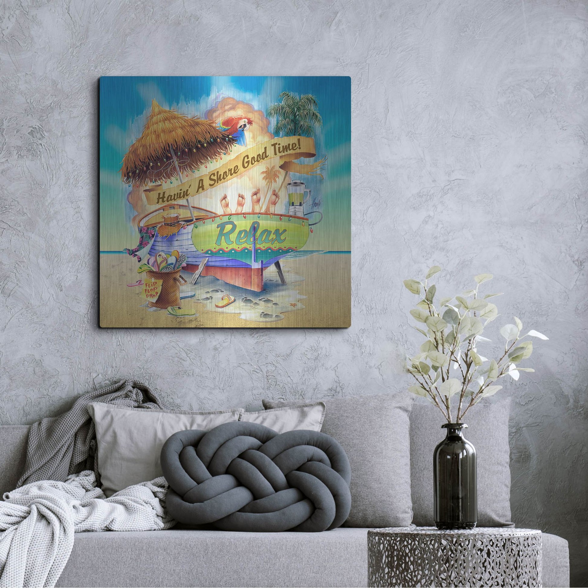 Luxe Metal Art 'Shore Good Time Boat' by James Mazzotta, Metal Wall Art,36x36