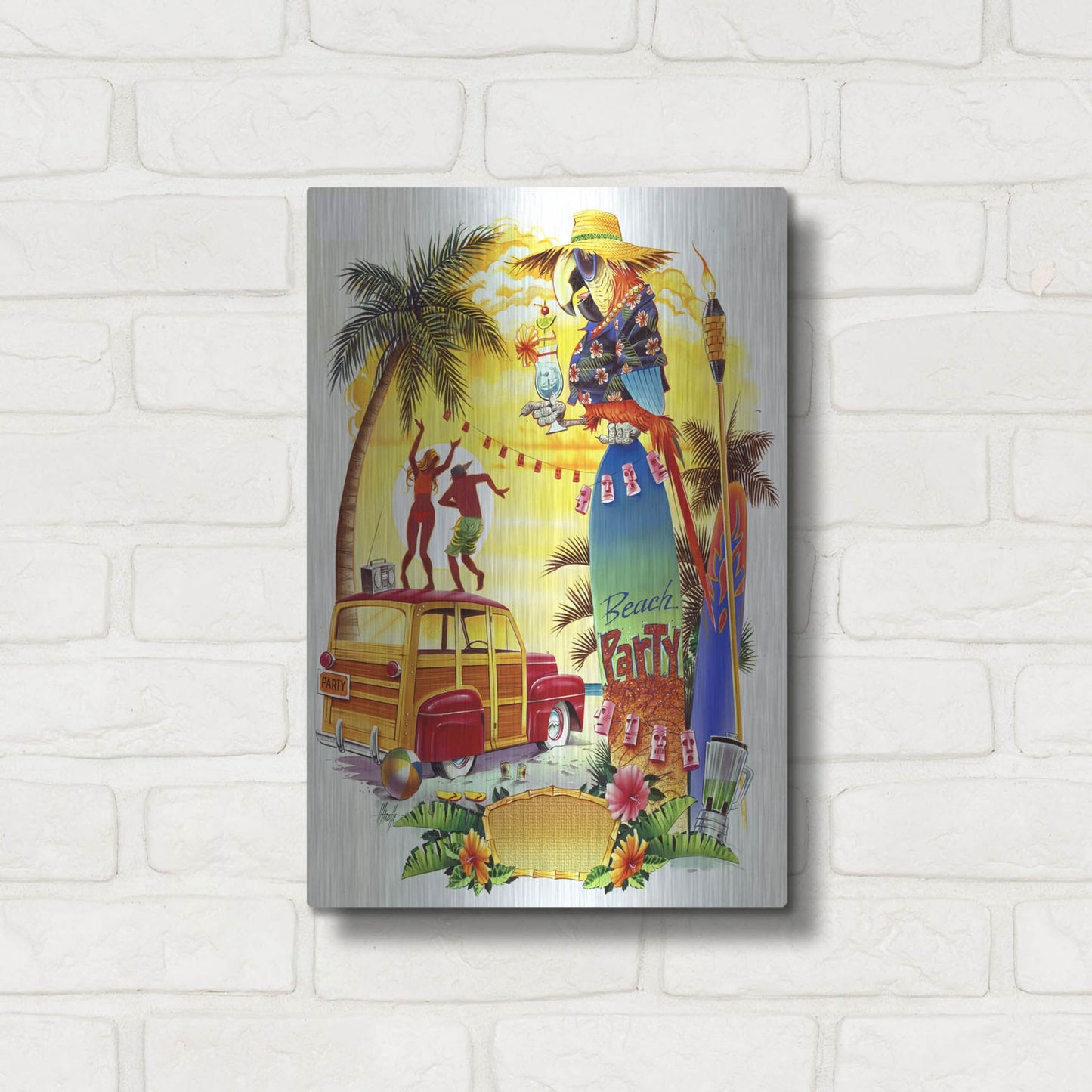 Luxe Metal Art 'Woodie Beach Party' by James Mazzotta, Metal Wall Art,12x16