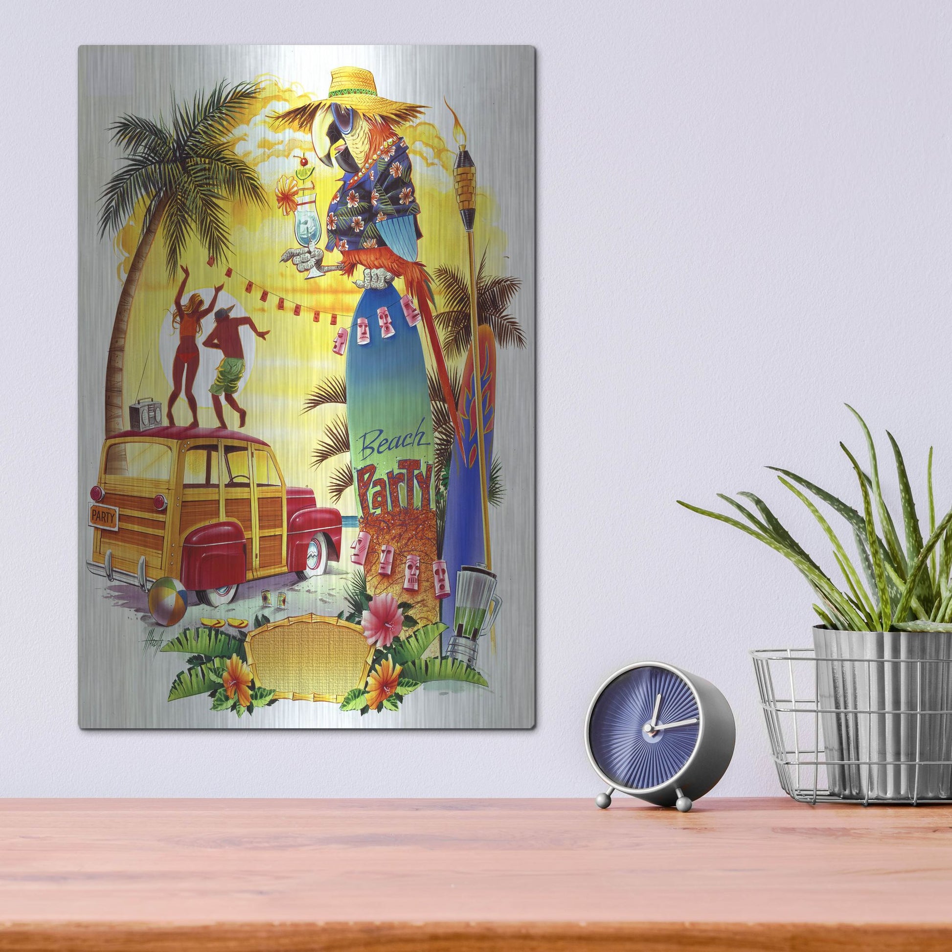 Luxe Metal Art 'Woodie Beach Party' by James Mazzotta, Metal Wall Art,12x16