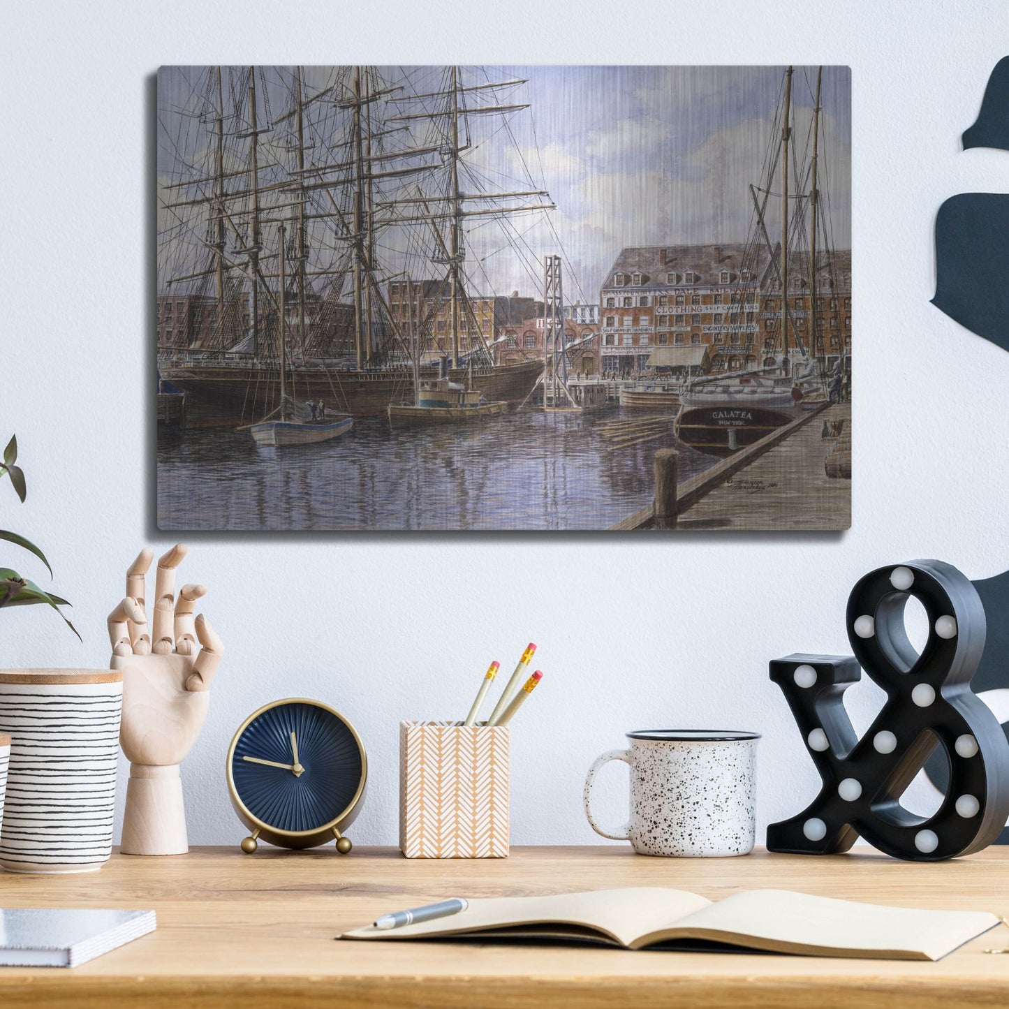 Luxe Metal Art 'NYC, Pier 28 Ca. 1876' by Stanton Manolakas, Metal Wall Art,16x12