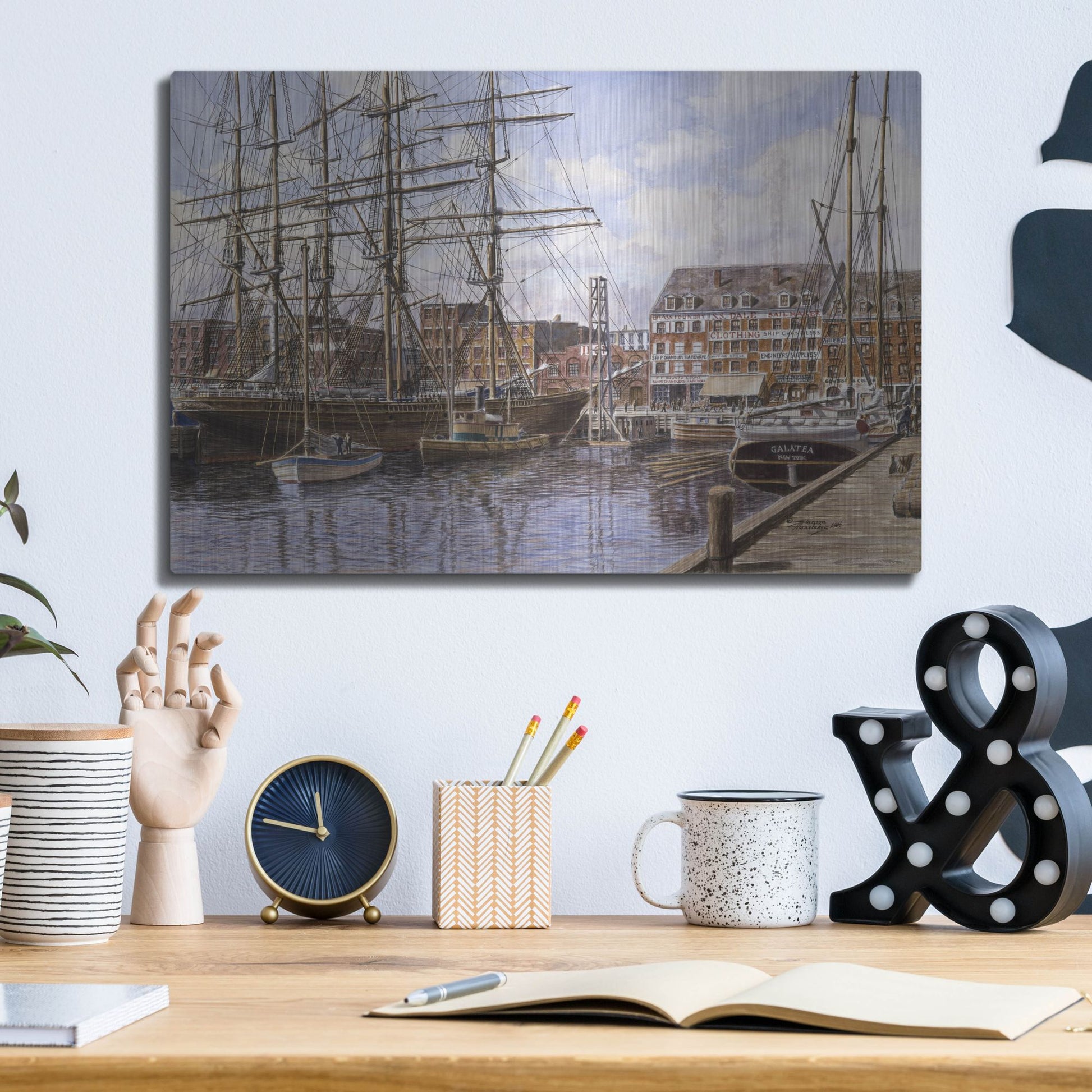 Luxe Metal Art 'NYC, Pier 28 Ca. 1876' by Stanton Manolakas, Metal Wall Art,16x12