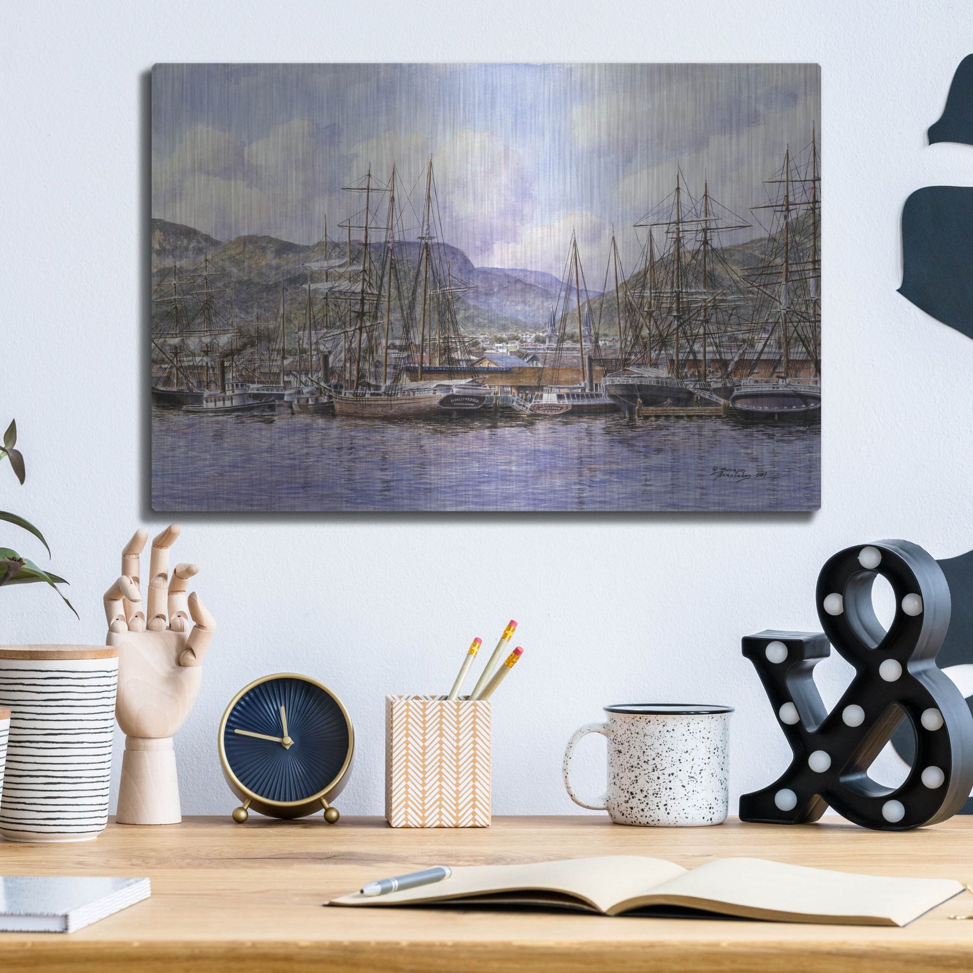 Luxe Metal Art 'Honolulu Harbor, Ca. 1898' by Stanton Manolakas, Metal Wall Art,16x12