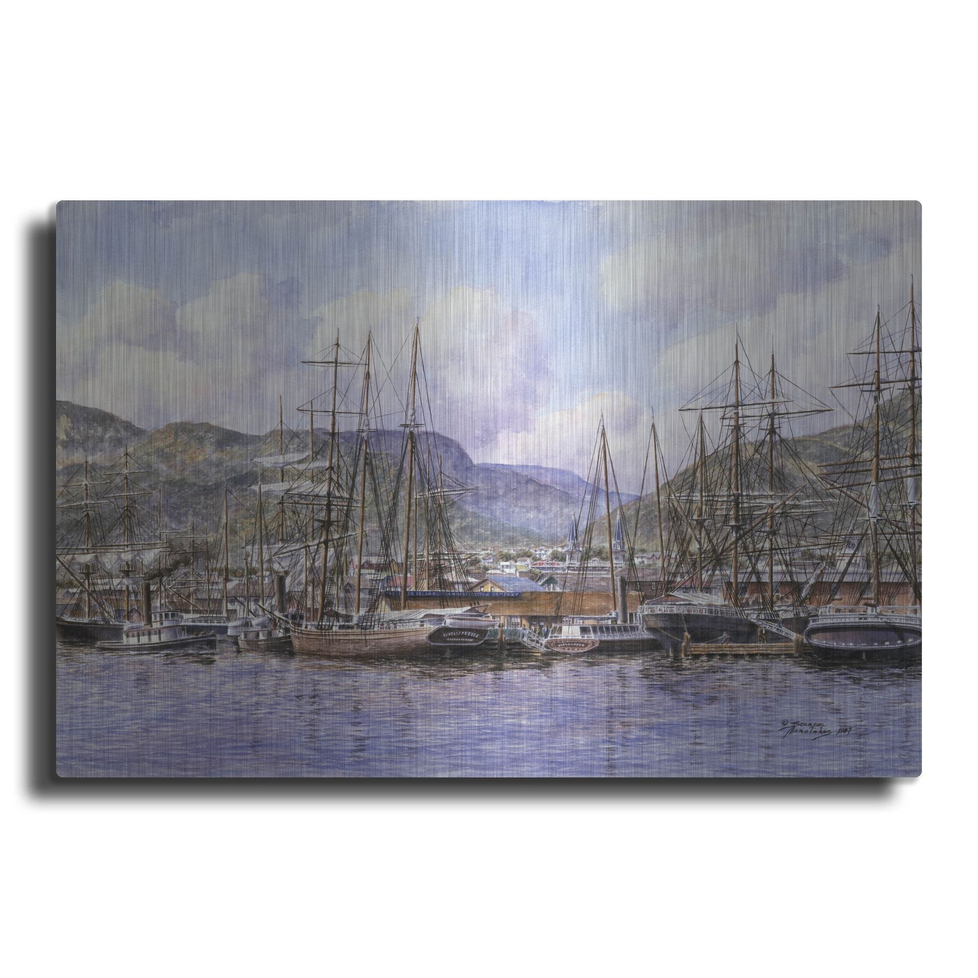 Luxe Metal Art 'Honolulu Harbor, Ca. 1898' by Stanton Manolakas, Metal Wall Art