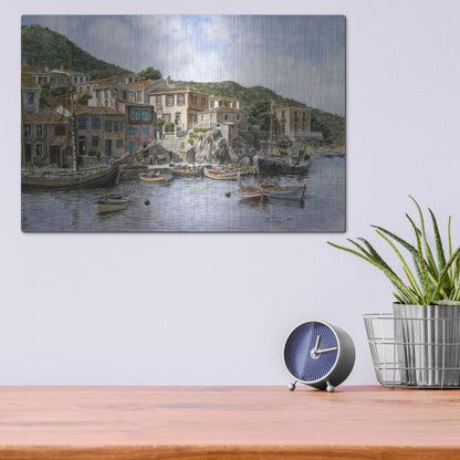 Luxe Metal Art 'Kokkari Samos, Greece, Fisherman's Corner' by Stanton Manolakas, Metal Wall Art,16x12