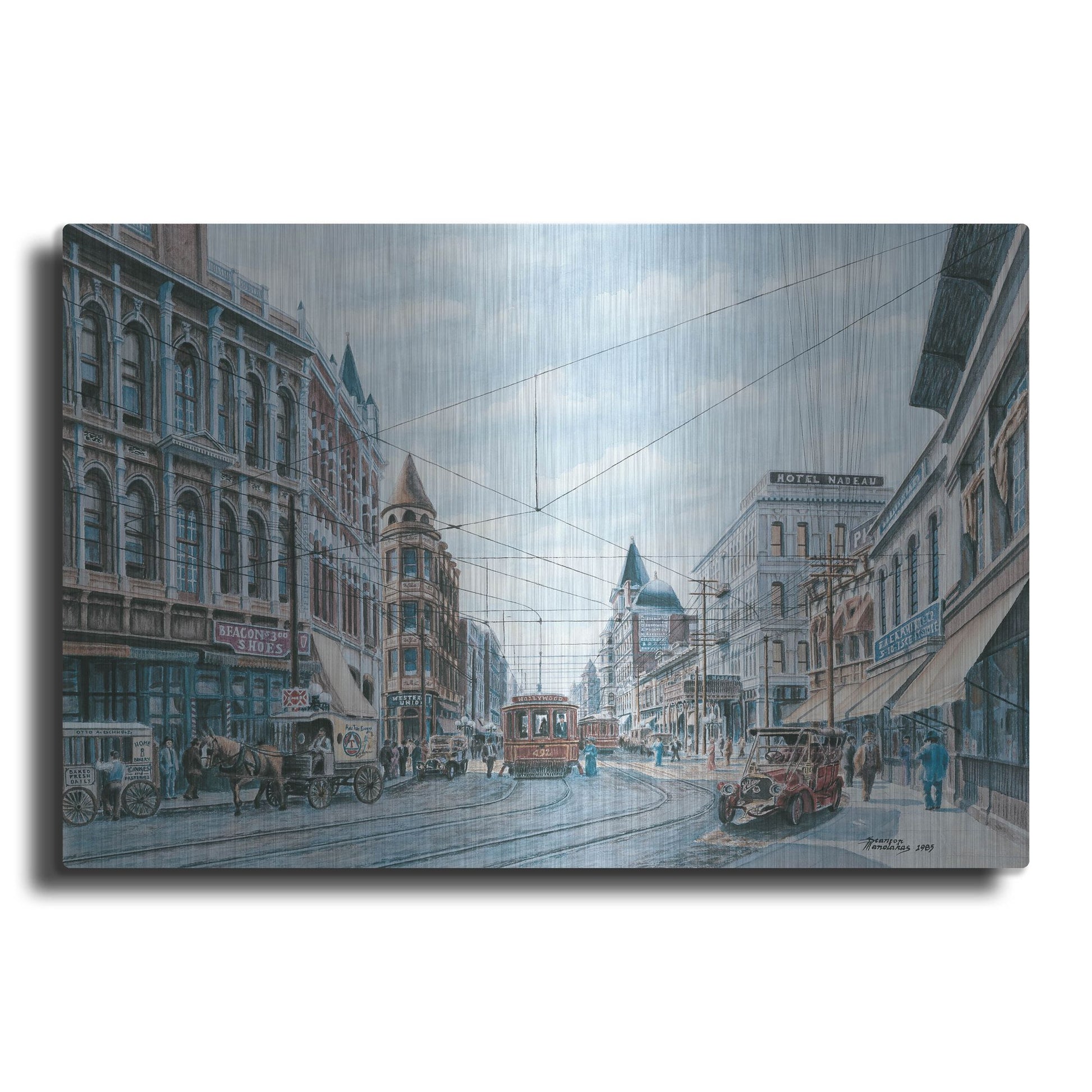 Luxe Metal Art 'Looking South On Spring St., Ca. 1909' by Stanton Manolakas, Metal Wall Art