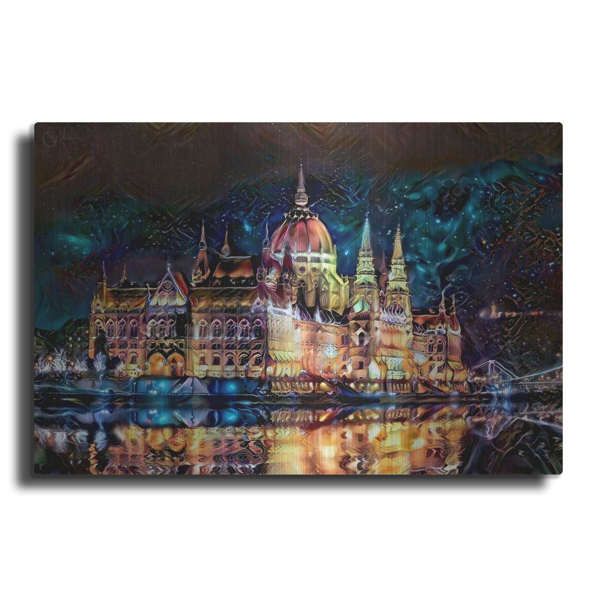 Luxe Metal Art 'Budapest Hungary Parliament At Night' by Pedro Gavidia, Metal Wall Art