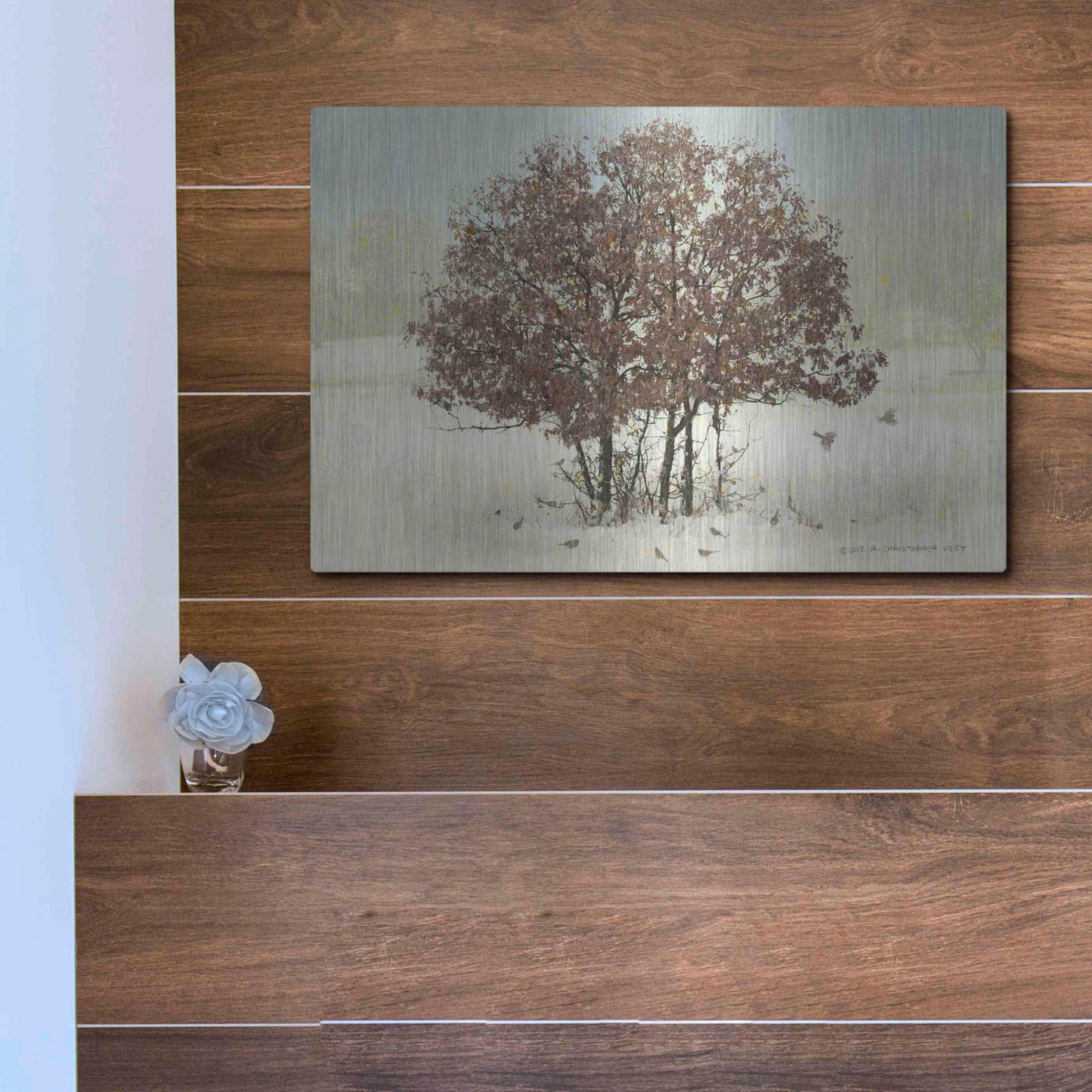 Luxe Metal Art 'Juncos and Oak' by Chris Vest, Metal Wall Art,16x12