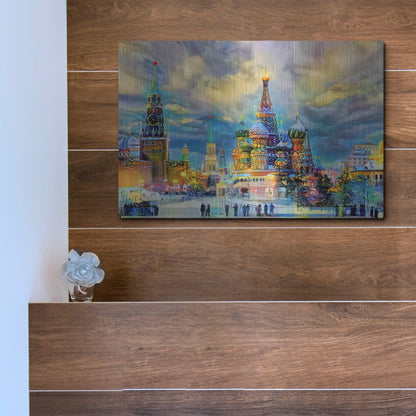 Luxe Metal Art 'Moscow Russia Saint Basil'S Cathedral Kremlin Red Square Ice Snow And Skating' by Pedro Gavidia, Metal Wall Art,16x12