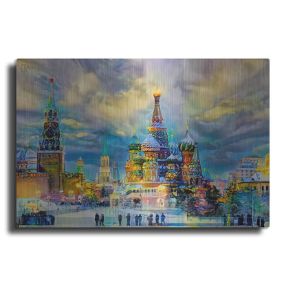 Luxe Metal Art 'Moscow Russia Saint Basil'S Cathedral Kremlin Red Square Ice Snow And Skating' by Pedro Gavidia, Metal Wall Art