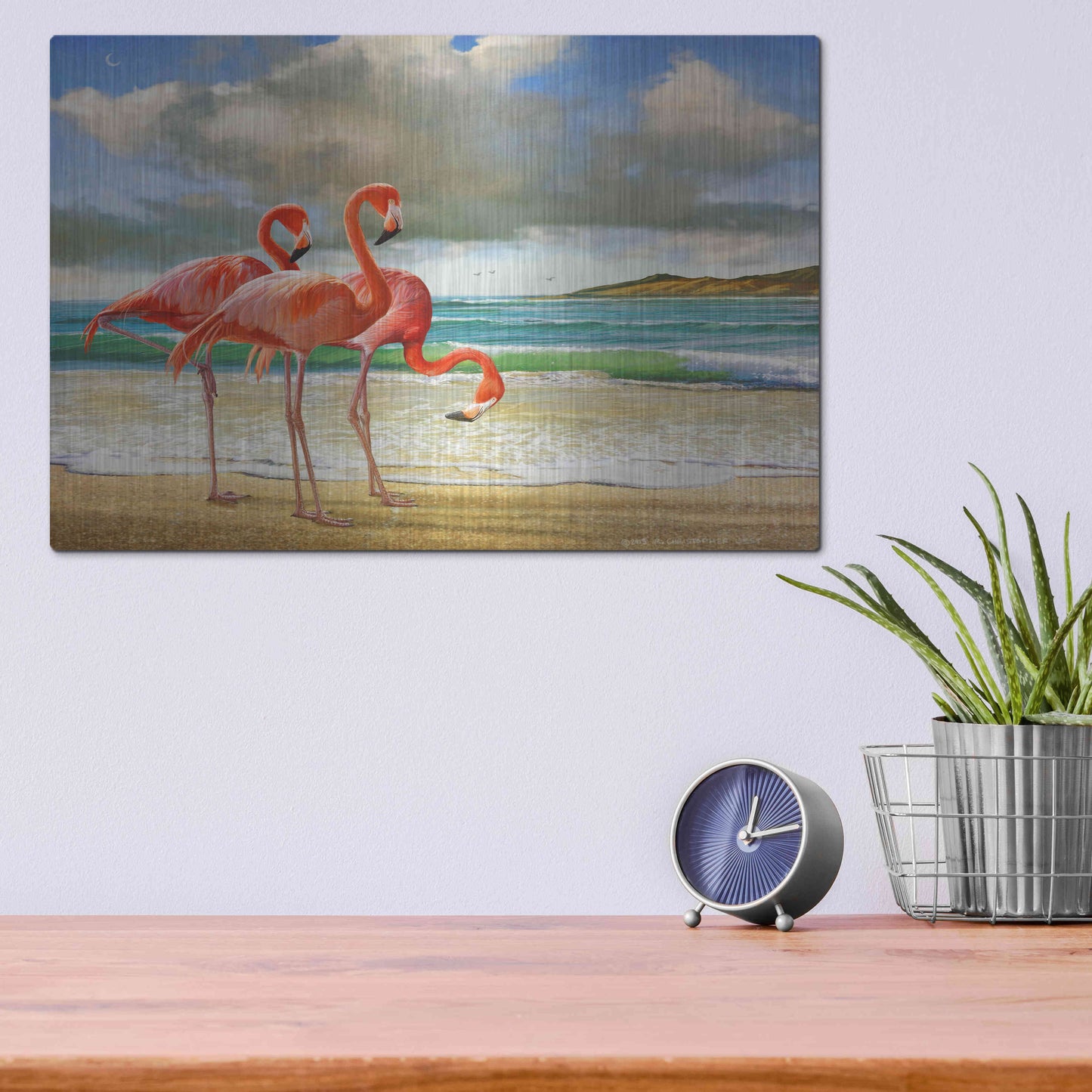 Luxe Metal Art 'Beach Scene Flamingos' by Chris Vest, Metal Wall Art,16x12