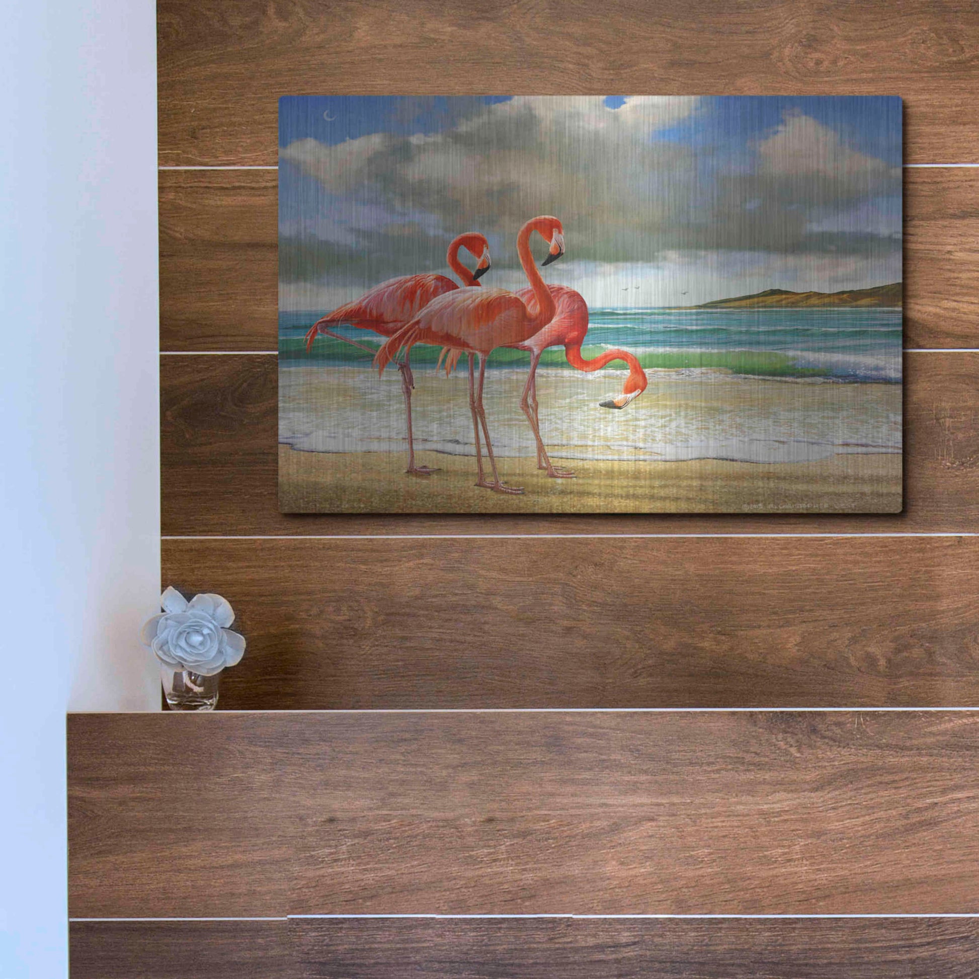 Luxe Metal Art 'Beach Scene Flamingos' by Chris Vest, Metal Wall Art,16x12