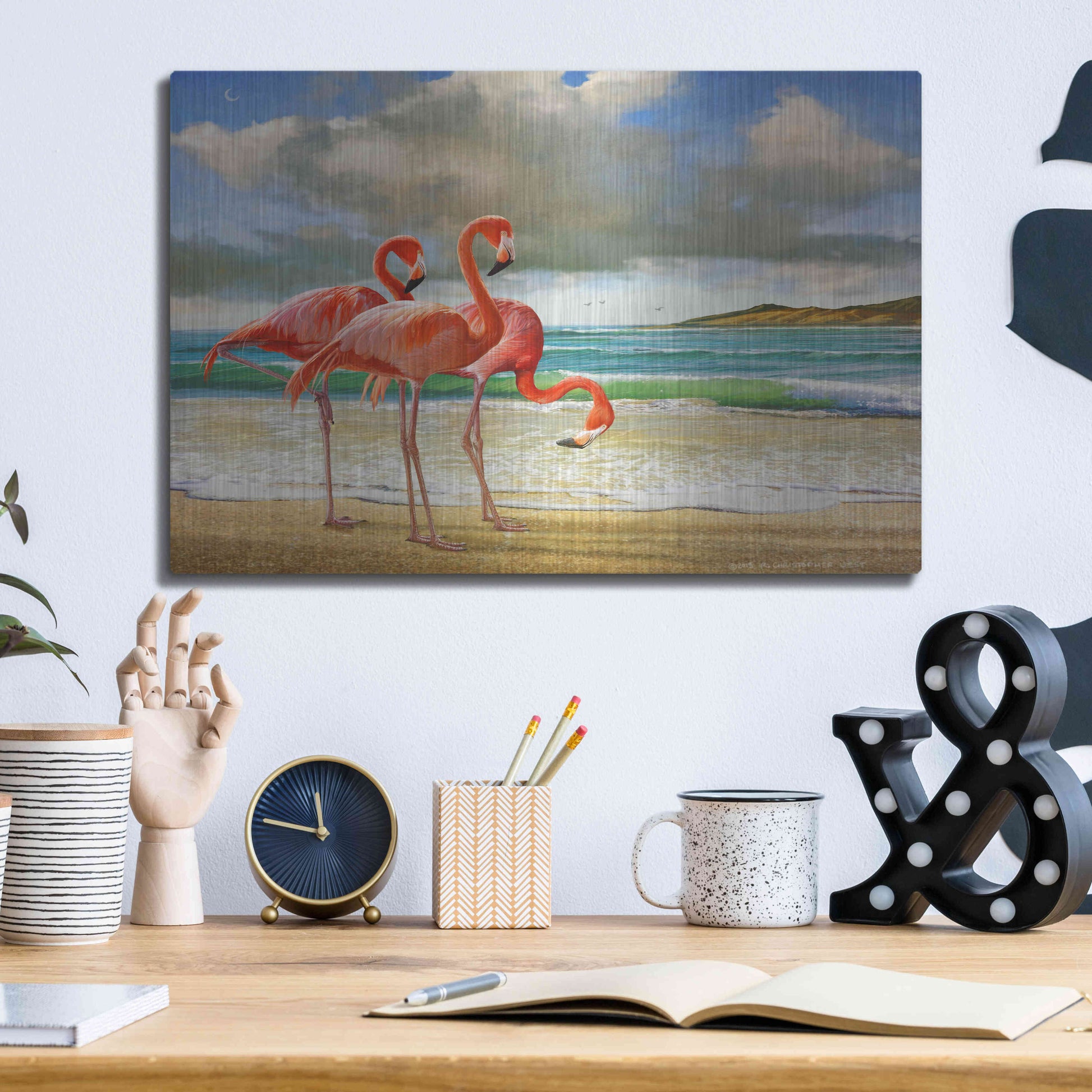 Luxe Metal Art 'Beach Scene Flamingos' by Chris Vest, Metal Wall Art,16x12