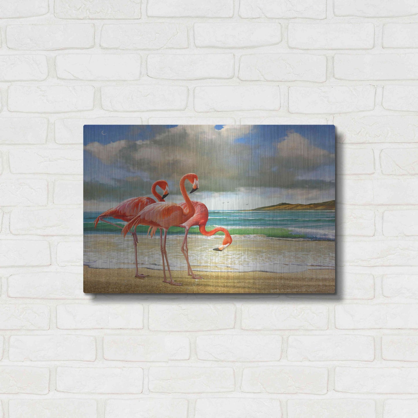 Luxe Metal Art 'Beach Scene Flamingos' by Chris Vest, Metal Wall Art,24x16