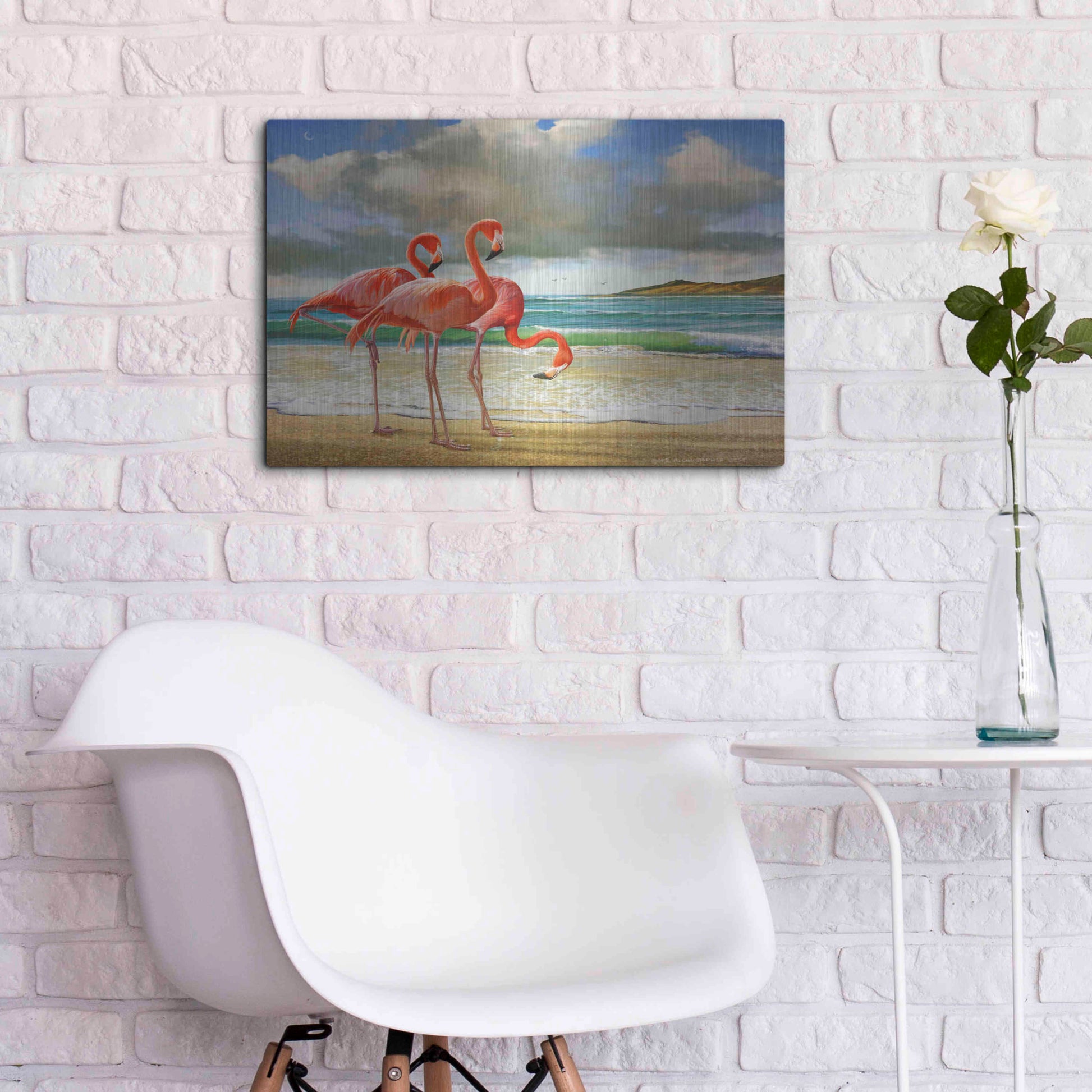 Luxe Metal Art 'Beach Scene Flamingos' by Chris Vest, Metal Wall Art,24x16