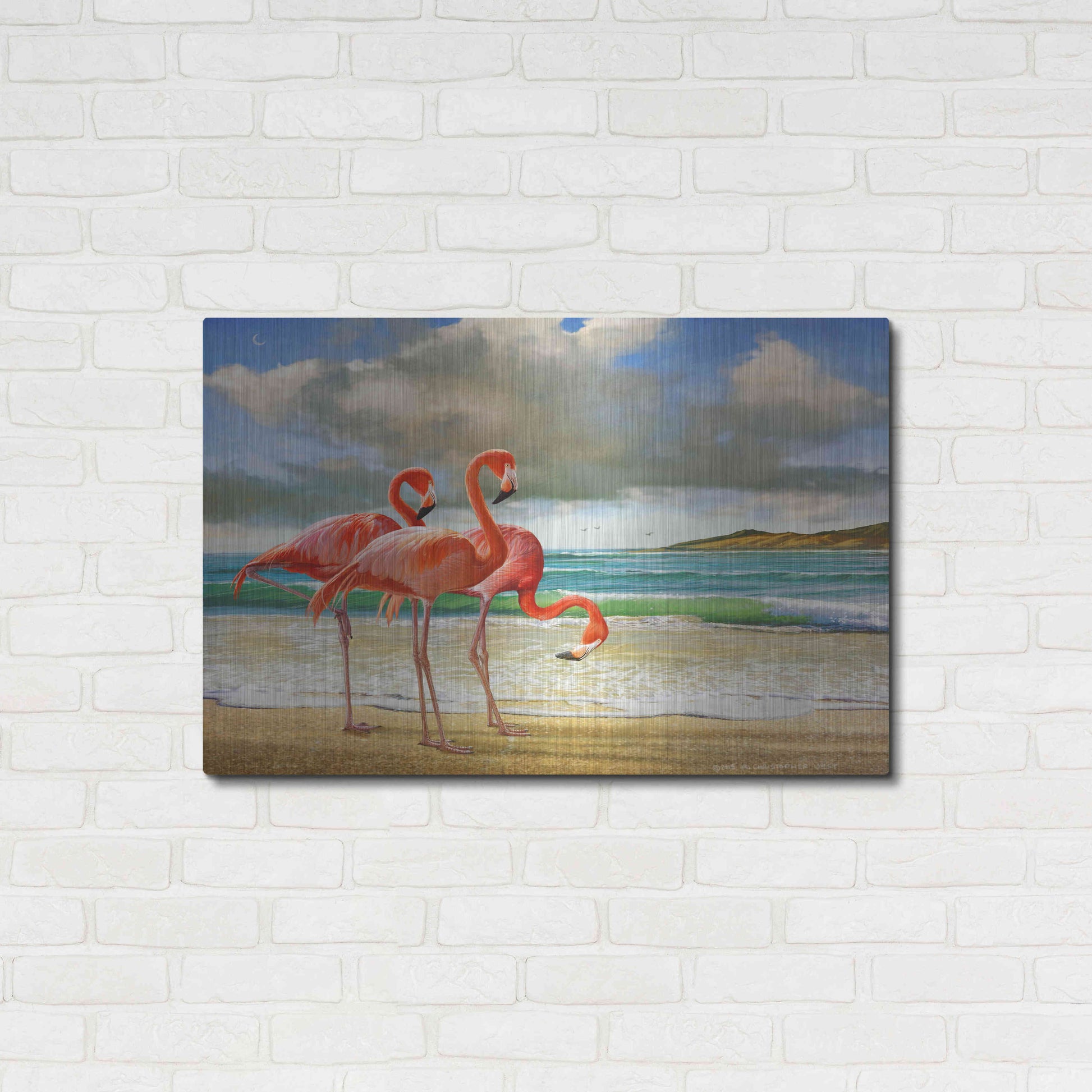 Luxe Metal Art 'Beach Scene Flamingos' by Chris Vest, Metal Wall Art,36x24