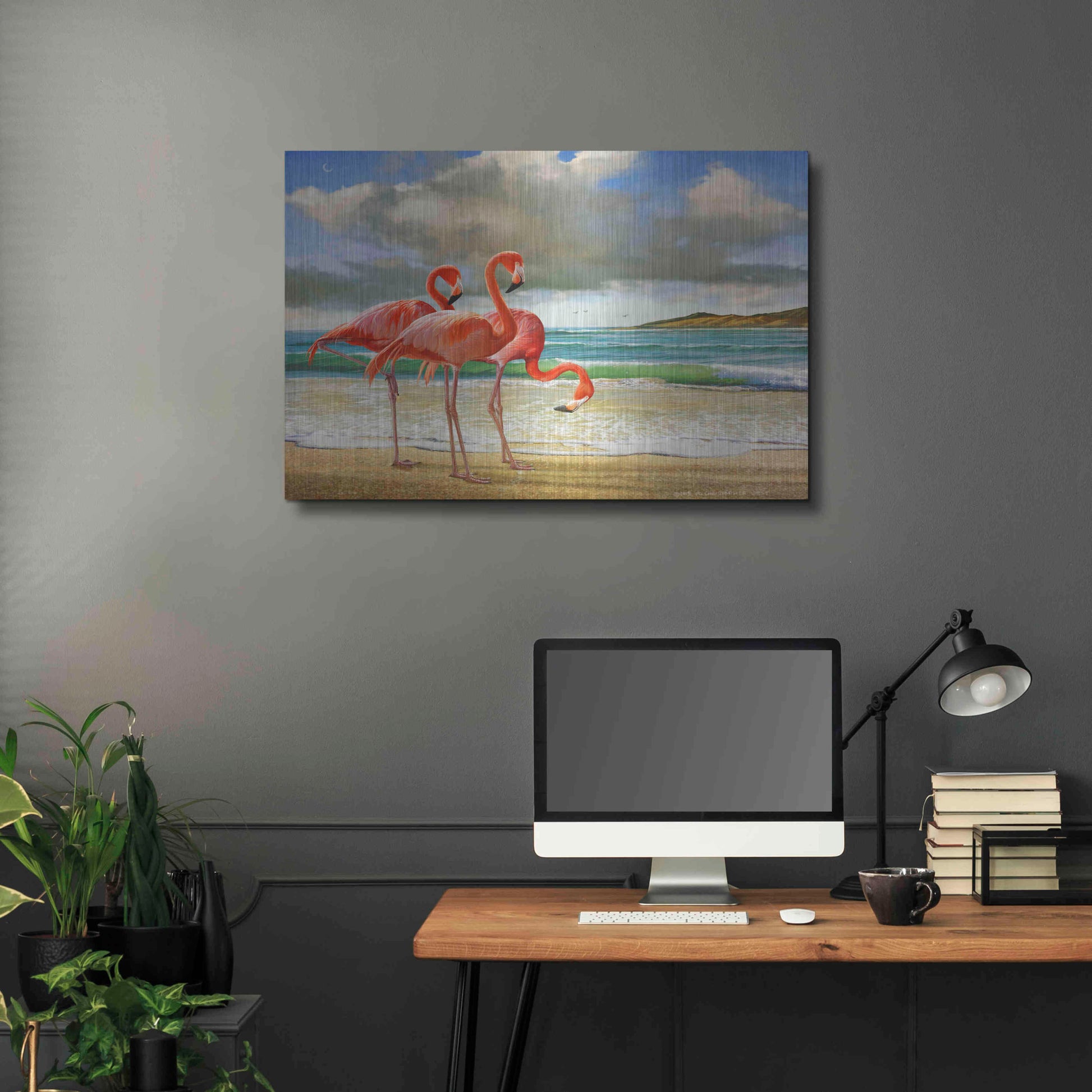 Luxe Metal Art 'Beach Scene Flamingos' by Chris Vest, Metal Wall Art,36x24