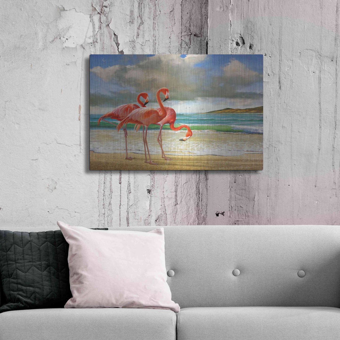 Luxe Metal Art 'Beach Scene Flamingos' by Chris Vest, Metal Wall Art,36x24