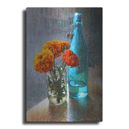 Luxe Metal Art 'Aqua Bottle Marigolds Cafe' by Chris Vest, Metal Wall Art