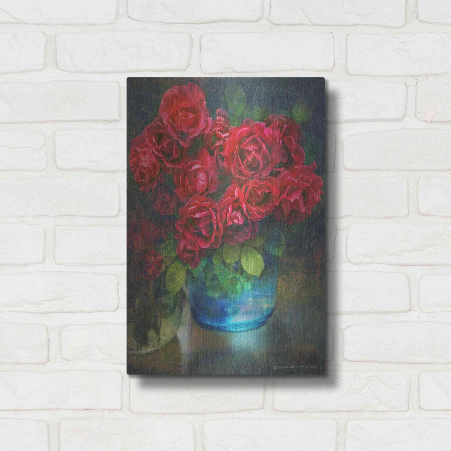 Luxe Metal Art 'Roses in Blue Jar' by Chris Vest, Metal Wall Art,12x16