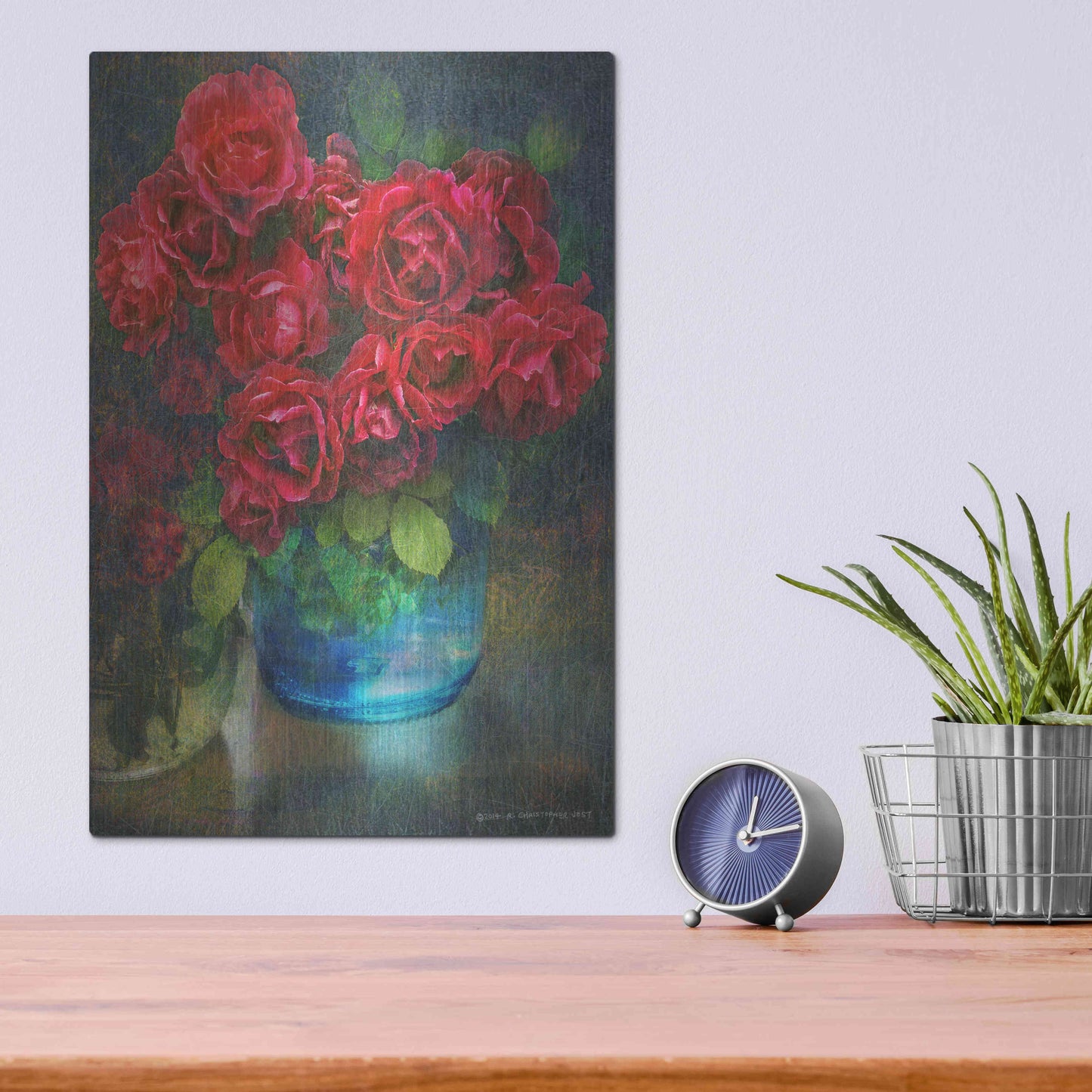 Luxe Metal Art 'Roses in Blue Jar' by Chris Vest, Metal Wall Art,12x16