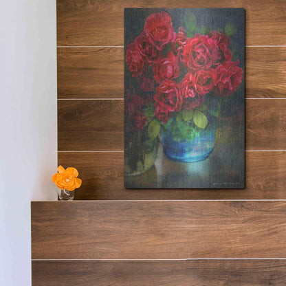 Luxe Metal Art 'Roses in Blue Jar' by Chris Vest, Metal Wall Art,12x16