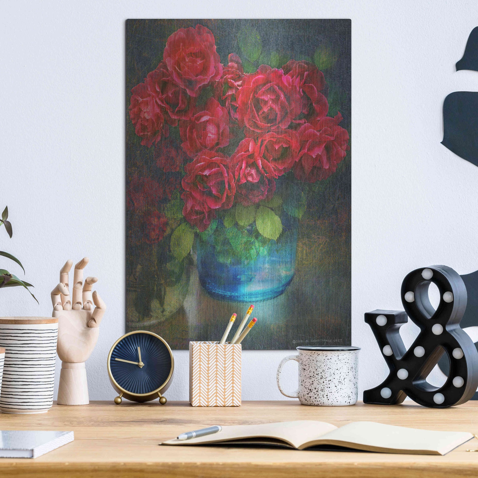 Luxe Metal Art 'Roses in Blue Jar' by Chris Vest, Metal Wall Art,12x16