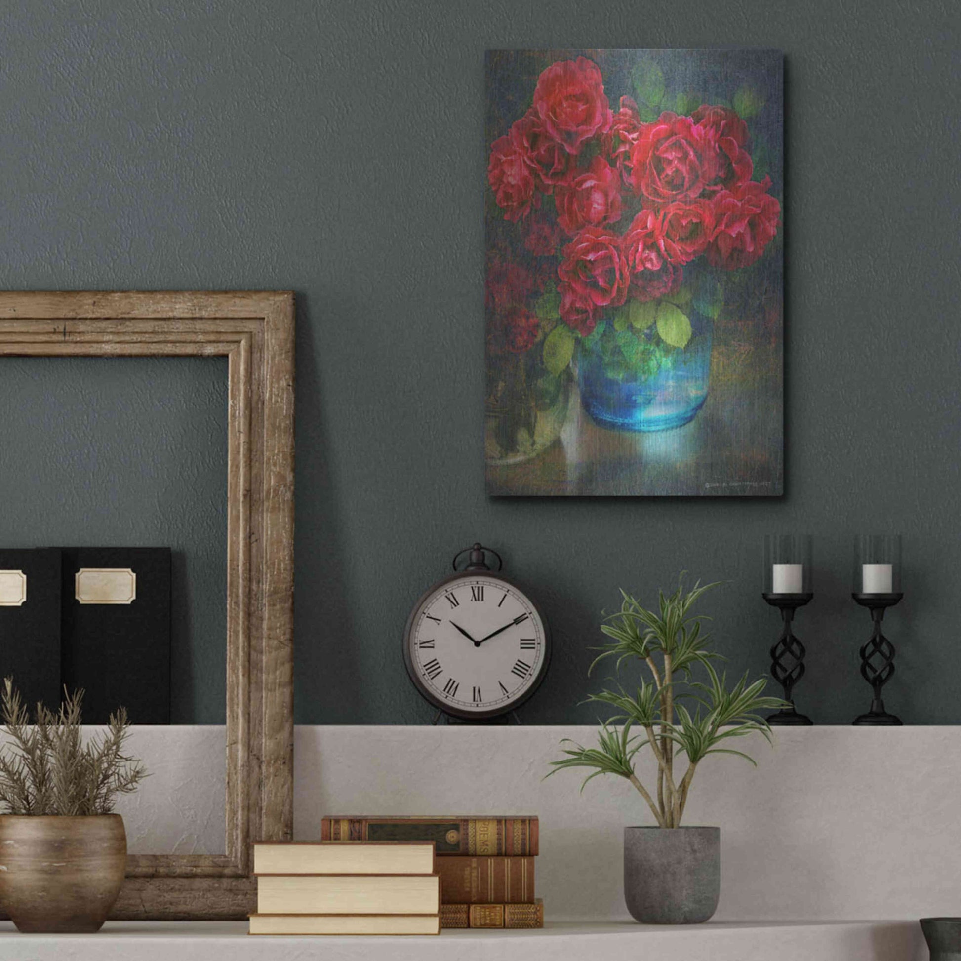 Luxe Metal Art 'Roses in Blue Jar' by Chris Vest, Metal Wall Art,12x16