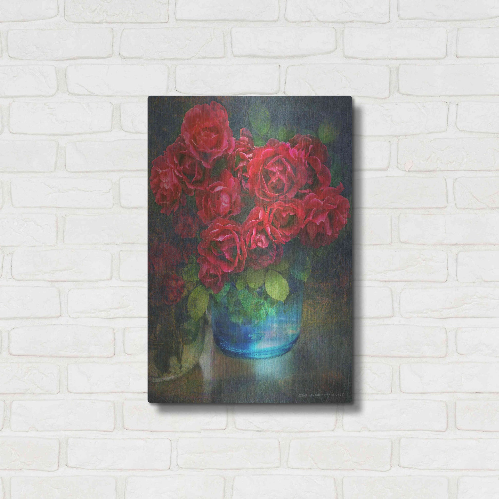 Luxe Metal Art 'Roses in Blue Jar' by Chris Vest, Metal Wall Art,16x24