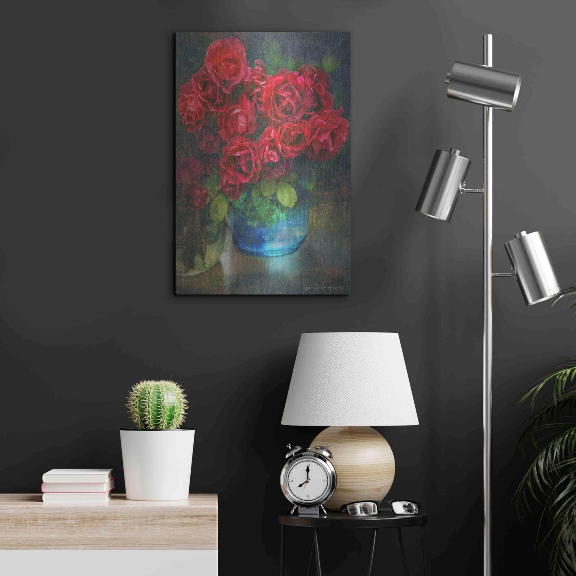 Luxe Metal Art 'Roses in Blue Jar' by Chris Vest, Metal Wall Art,16x24