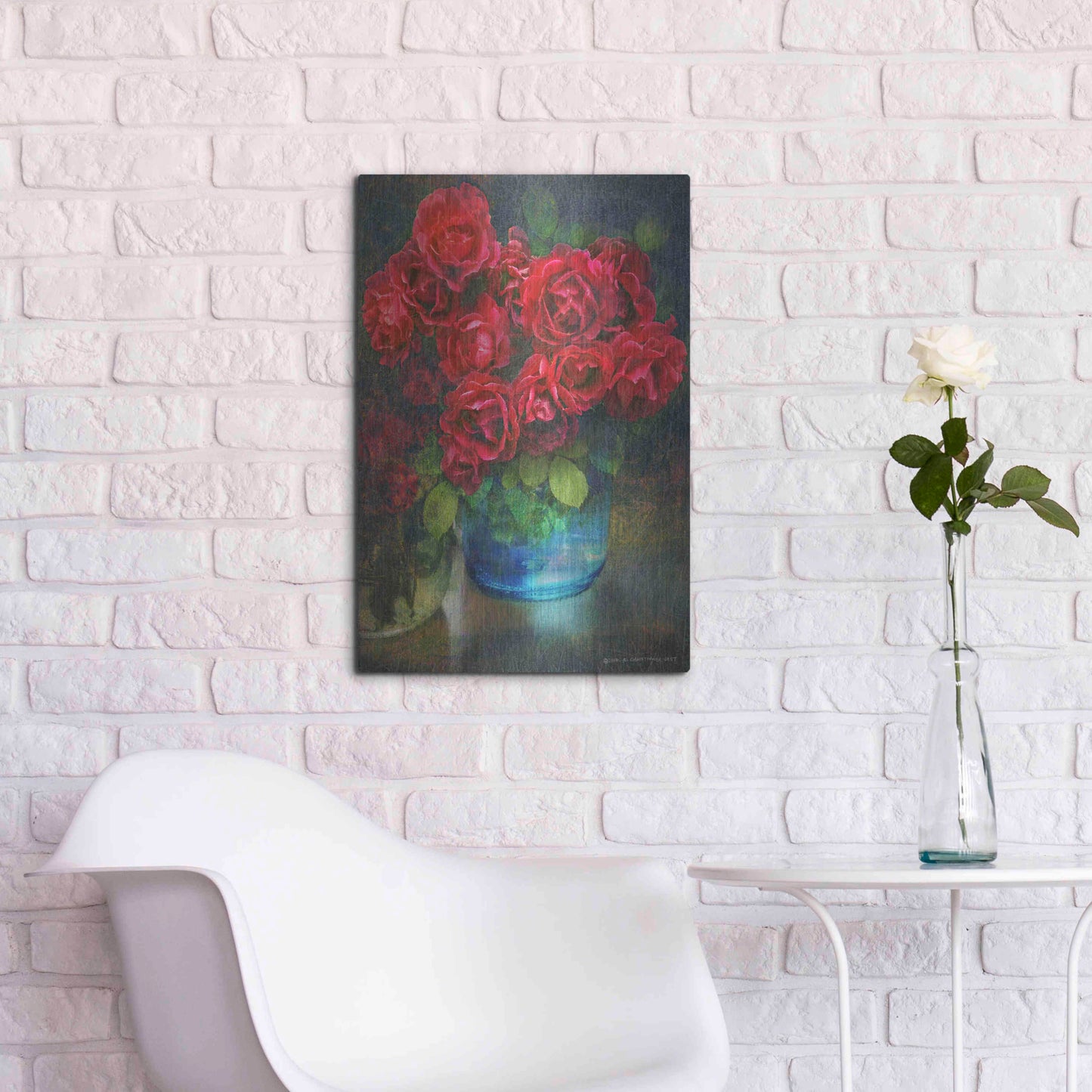 Luxe Metal Art 'Roses in Blue Jar' by Chris Vest, Metal Wall Art,16x24