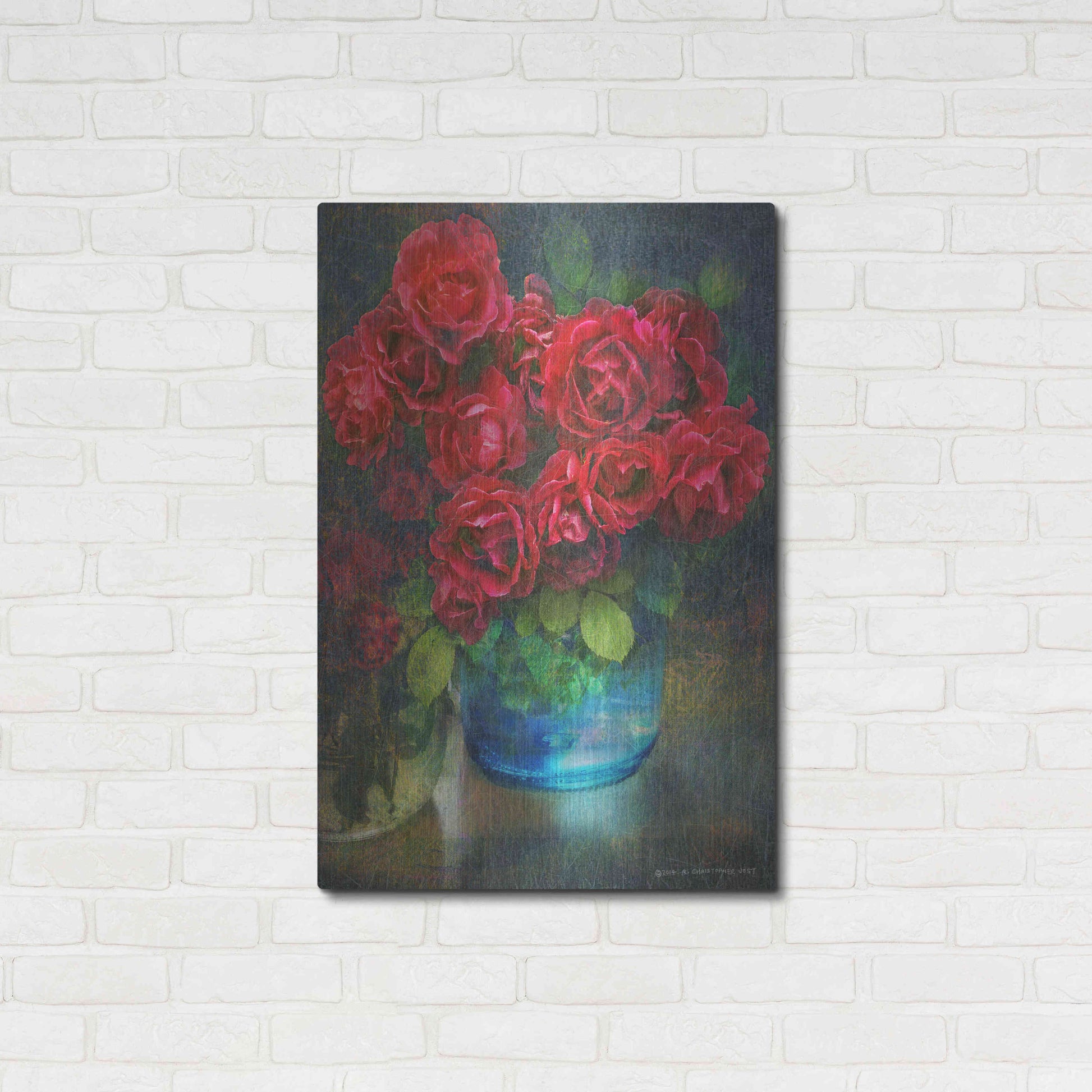 Luxe Metal Art 'Roses in Blue Jar' by Chris Vest, Metal Wall Art,24x36