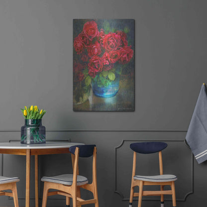 Luxe Metal Art 'Roses in Blue Jar' by Chris Vest, Metal Wall Art,24x36