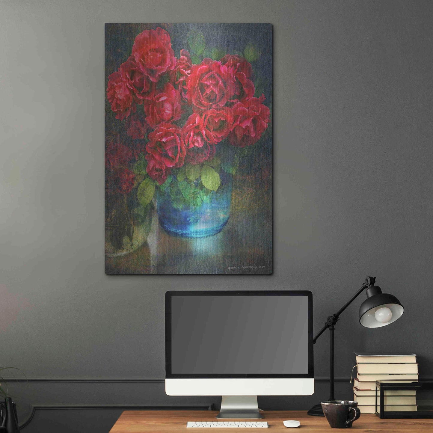 Luxe Metal Art 'Roses in Blue Jar' by Chris Vest, Metal Wall Art,24x36