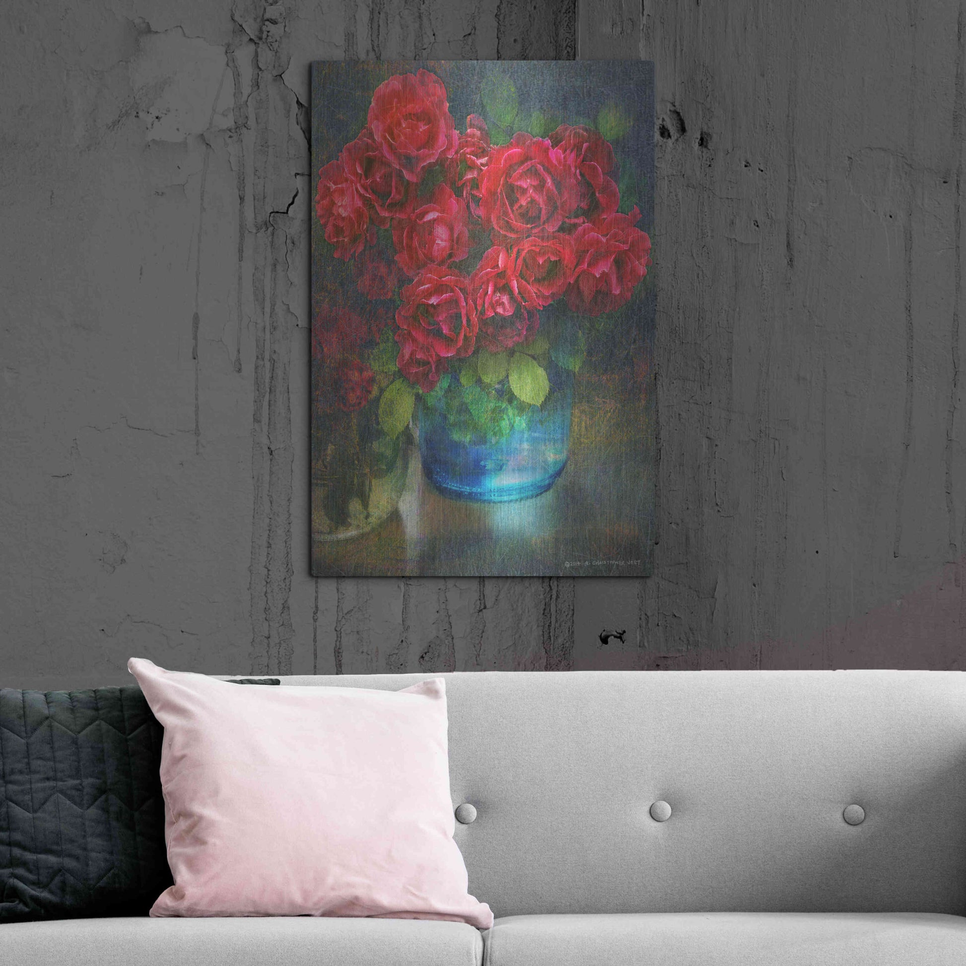 Luxe Metal Art 'Roses in Blue Jar' by Chris Vest, Metal Wall Art,24x36